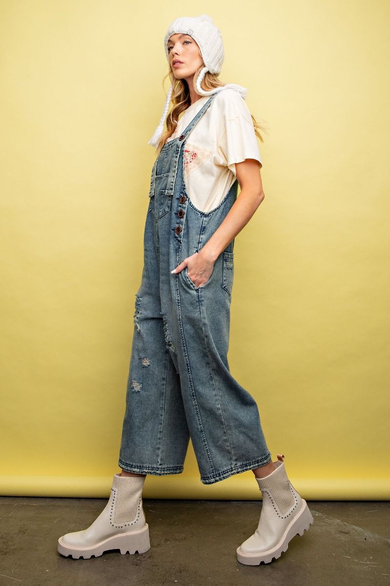 Keagan Washed Denim Loose Fit Capri Overalls (Blue) – Audrey 'n Elise