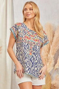 Summer Moon Floral Embroidered Top (Ivory Navy)