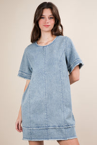 Washed Denim Shift Mini Dress (Light)