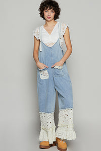 Floral Eyelet Trim Denim Overalls