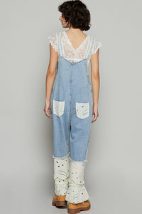 Floral Eyelet Trim Denim Overalls