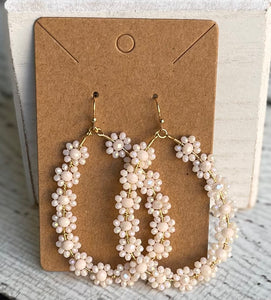 Floral Glass Bead Wrapped Earrings (White)
