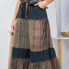 Long Denim Tiered Skirt with Patchwork Panels