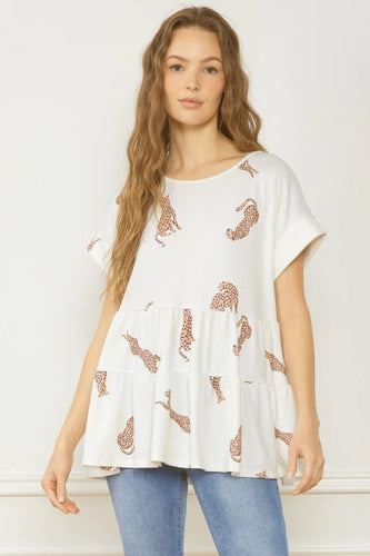 The Sedona Tiered Ruffle Cheetah Print Top (Cream)
