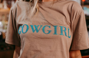 Cowgirl Sequins Engraved 3D Embroidery Tee (Tan)