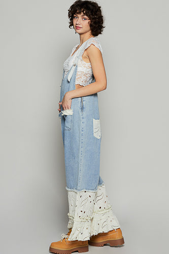 Floral Eyelet Trim Denim Overalls