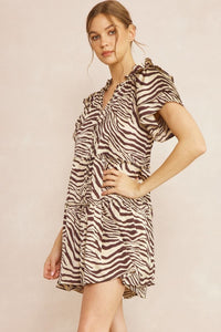 Alexis Zebra Print Mini Dress (Chocolate)