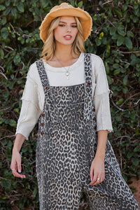 Washed Animal Print Twill Overalls