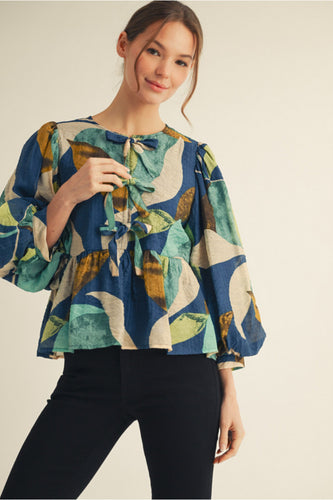 Abstract Print Peplum Top (Teal Mix)