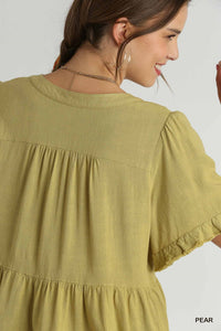 Seraphina's Breeze Linen V-Neck Pleated Top with Ruffled Fray (Pear)