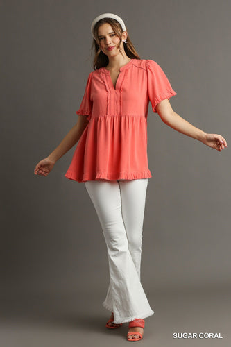 Seraphina's Breeze Linen V-Neck Pleated Top with Ruffled Fray (Coral)