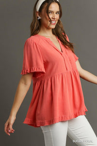 Seraphina's Breeze Linen V-Neck Pleated Top with Ruffled Fray (Coral)