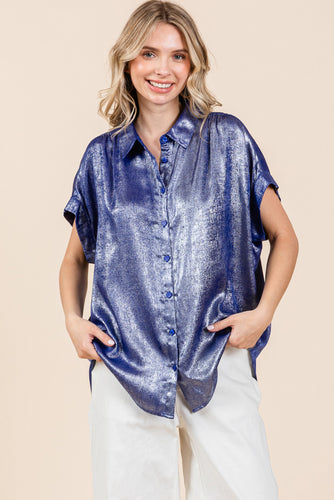 Shimmer & Shine Metallic Button-Up Top (Blue)