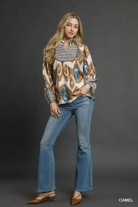 Wanderlust Ikat Print Boho Blouse (Camel)