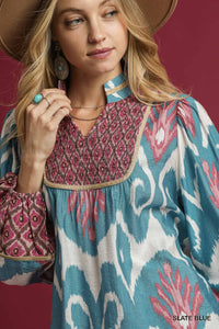 Wanderlust Ikat Print Boho Blouse (Slate Blue)