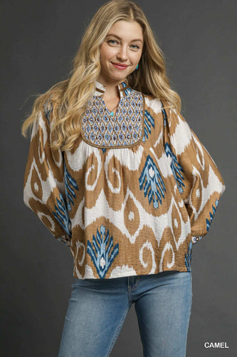 Wanderlust Ikat Print Boho Blouse (Camel)