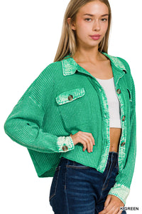 Acid Washed Oversized Cropped Shacket (Kelly Green)