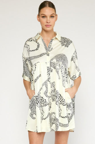 Satin Cheetah Print Collared Button Up Mini Dress (Cream)