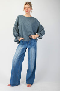 Bubble Laced Sleeves Mineral Washed Top (Washed Denim)