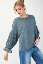 Bubble Laced Sleeves Mineral Washed Top (Washed Denim)