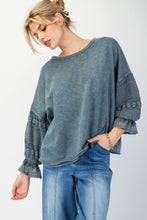 Bubble Laced Sleeves Mineral Washed Top (Washed Denim)