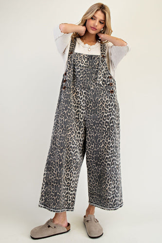 Washed Animal Print Twill Overalls