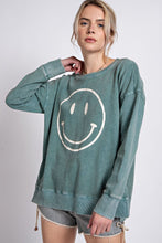 Mineral Wash Smiley Happy Face Pullover (Teal)