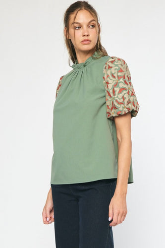Solid Mock Neck Puff Sleeve Top (Artichoke)
