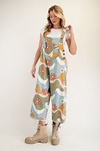 Flower Print Washed Twill Overalls (Olive/Camel)