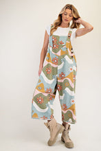 Flower Print Washed Twill Overalls (Olive/Camel)