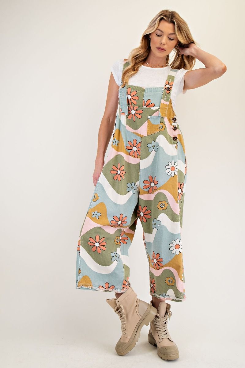 Flower Print Washed Twill Overalls (Olive/Camel)