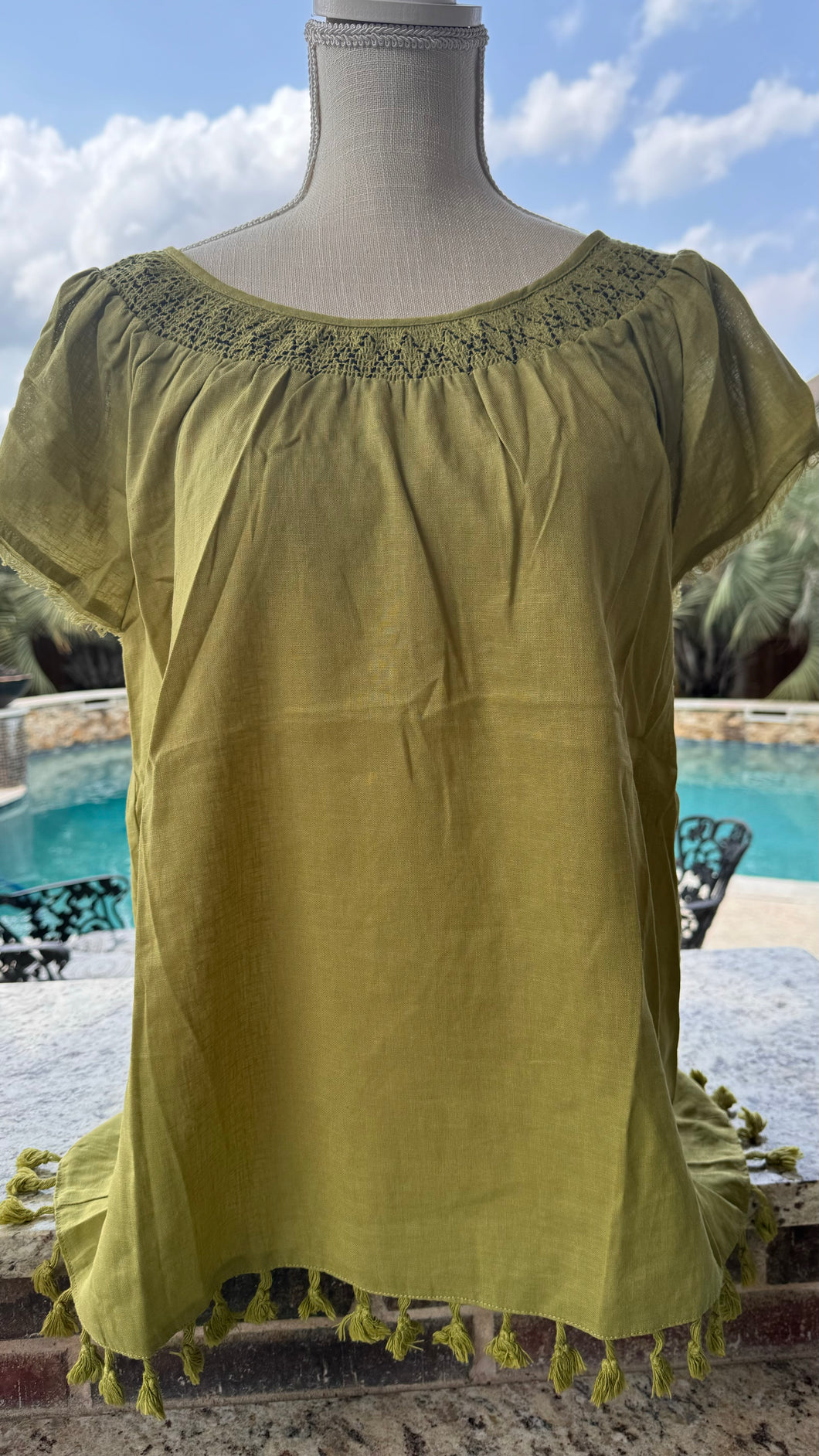 Boho Breeze Tassel Linen Top (Green Tea)