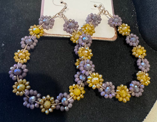 Floral Glass Bead Wrapped Earrings (Mustard/Lavender)