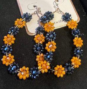 Floral Glass Bead Wrapped Earrings (Orange/Navy)