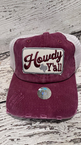 Distressed A&M Howdy Y'all Baseball Cap (Burgandy)