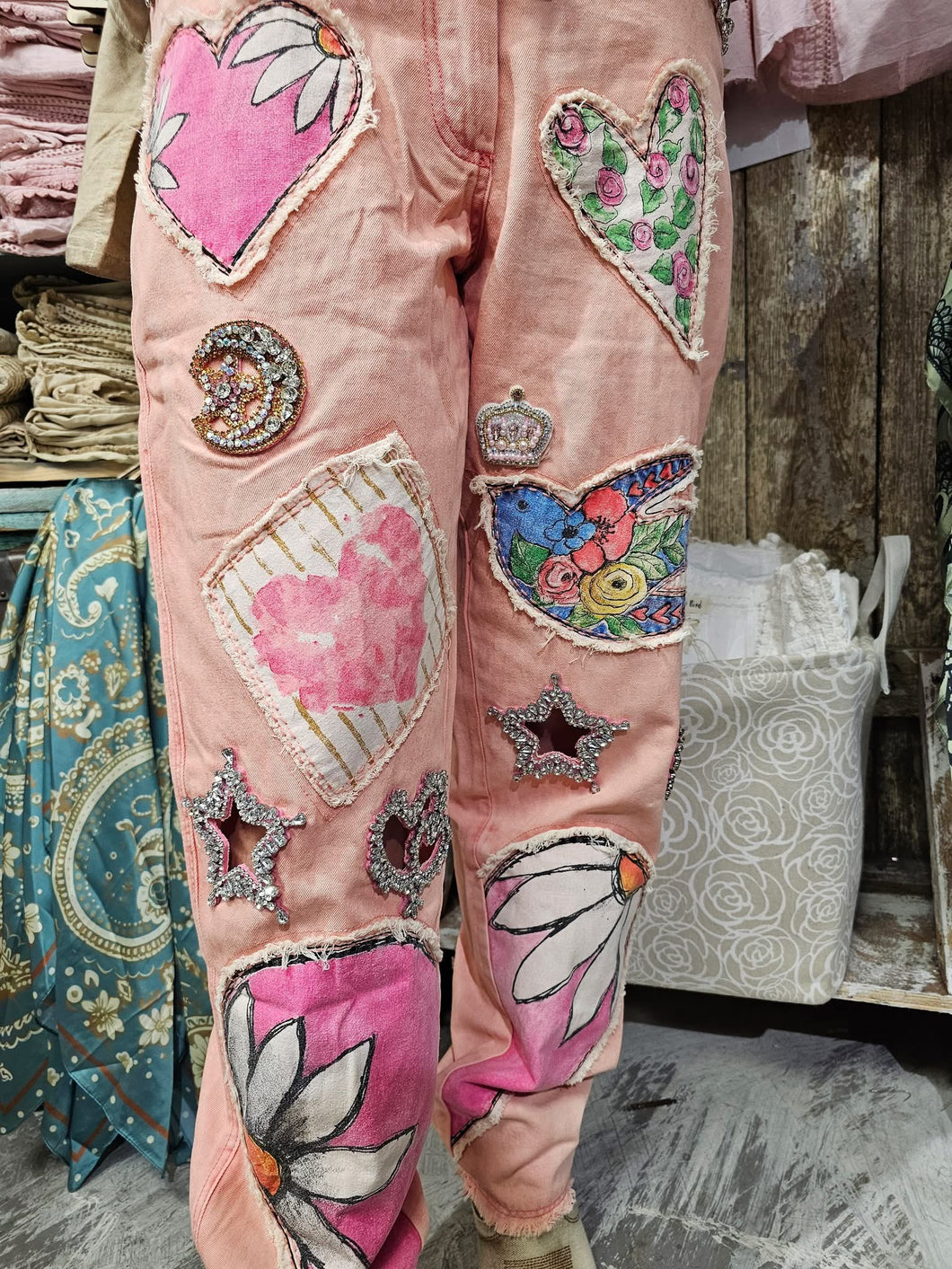 A Rare Bird Pink Heart Jeweled Jeans