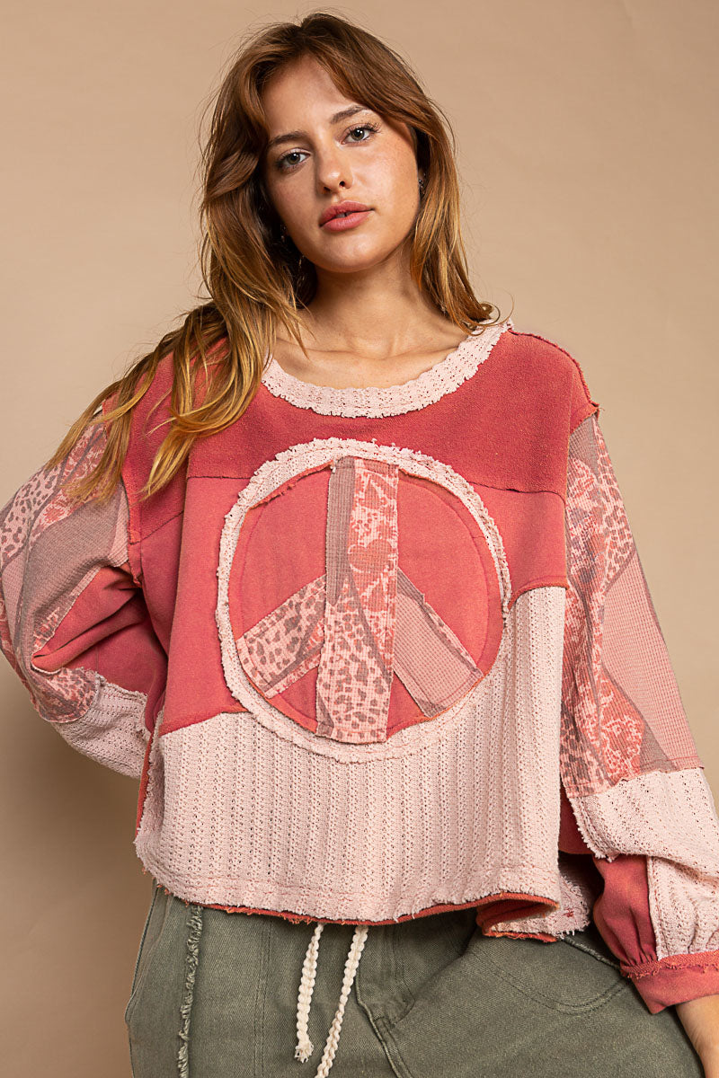 Oversized Peace French Terry Sweater (Red)
