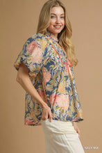 The Maribelle Floral Puff Sleeve Peasant Blouse (Navy)