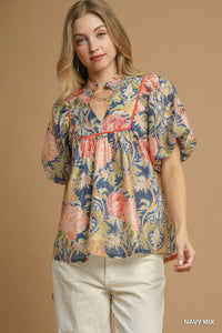 The Maribelle Floral Puff Sleeve Peasant Blouse (Navy)
