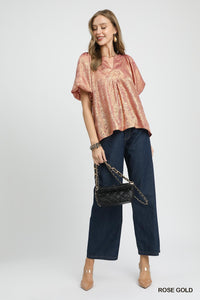 The Celeste Metallic Puff Sleeve Blouse (Rose Gold)