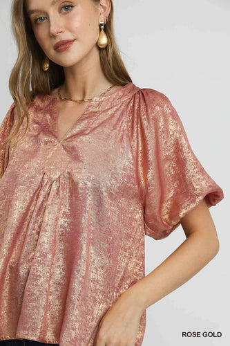 The Celeste Metallic Puff Sleeve Blouse (Rose Gold)