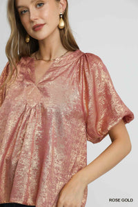 The Celeste Metallic Puff Sleeve Blouse (Rose Gold)