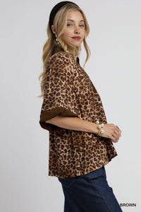 Delilah Leopard Print Pleated Sleeve Blouse (Grey)