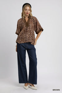 Delilah Leopard Print Pleated Sleeve Blouse (Grey)