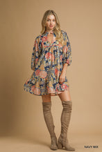 The Maribelle Abstract Print Puff Sleeve Mini (Navy)
