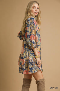 The Maribelle Abstract Print Puff Sleeve Mini (Navy)