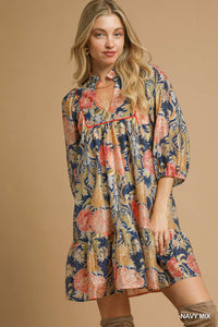The Maribelle Abstract Print Puff Sleeve Mini (Navy)