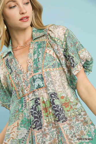 Boho Patchwork Ruffle Mini Dress (Green Mix)