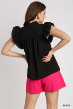 Layered Ruffle Sleeve Split Neck Top (Black)