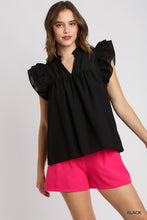 Layered Ruffle Sleeve Split Neck Top (Black)